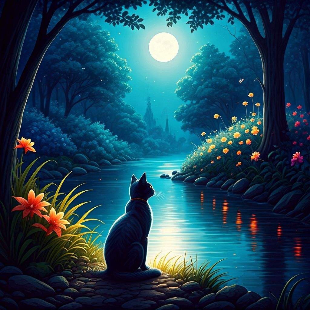 Black Cat by Moonlit River: Watercolor Fairytale
