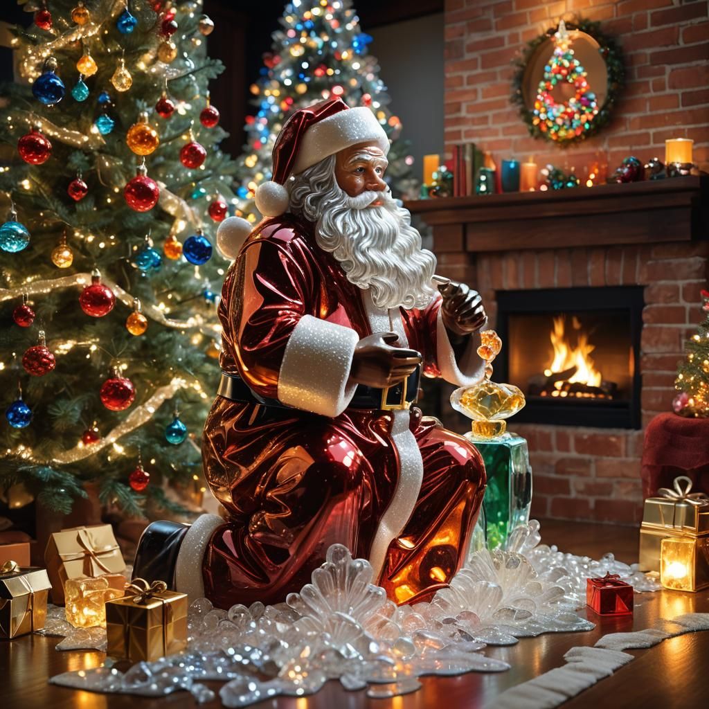 Crystal Santa Delivers Gift: Glass Art in 1970s Style