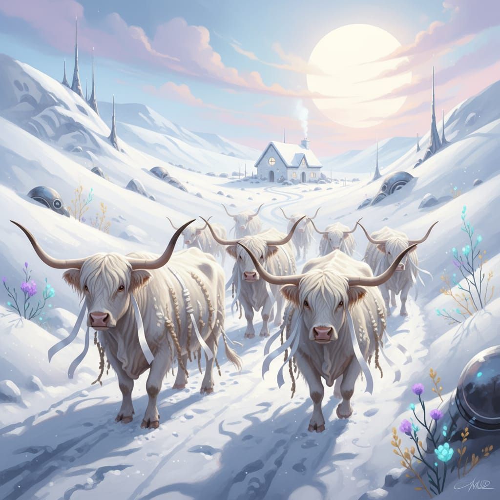 Braided Highland Cows in Winter Landscape