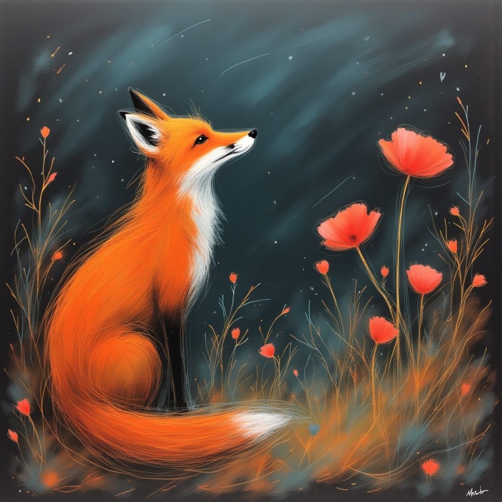 Fox in a Poppy Field Amidst Strong Winds