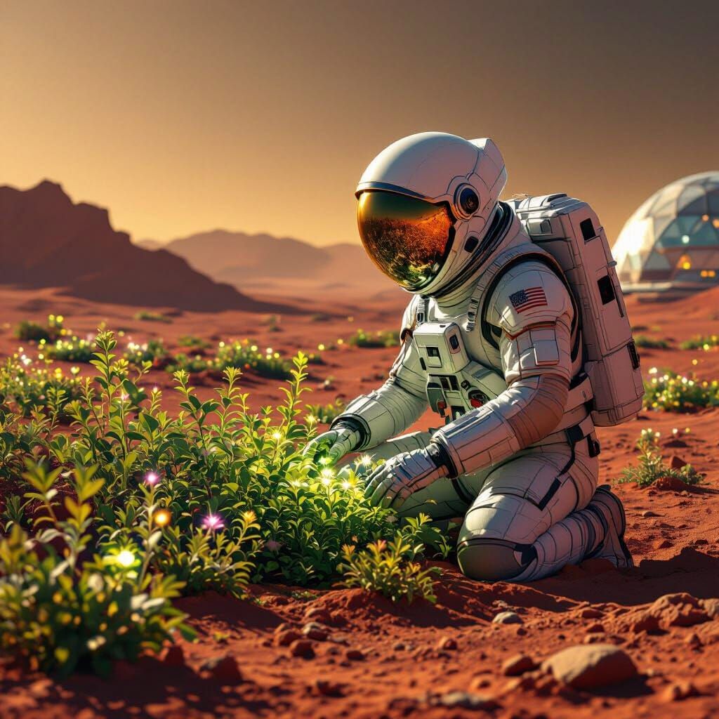 Astronaut's Alien Garden on Mars in Hyperrealism