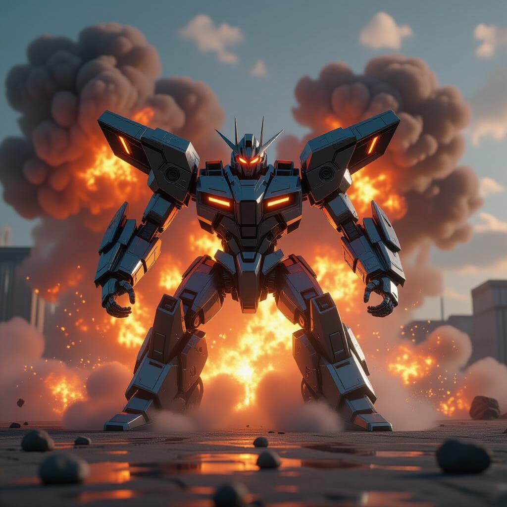 Mecha Unleashes Fiery Explosion in Cinematic Sci-Fi