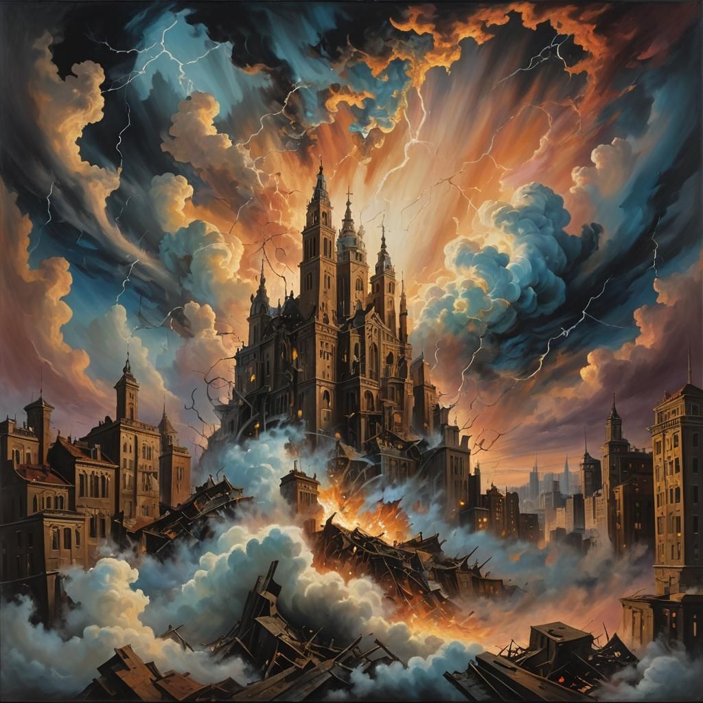 Surreal Gothic Cityscape Engulfed in Maelstrom