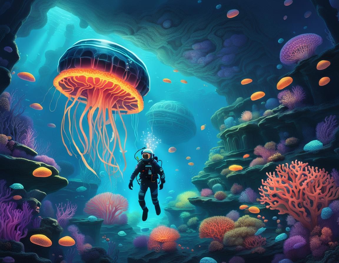 Surreal Underwater World with Glowing Portal