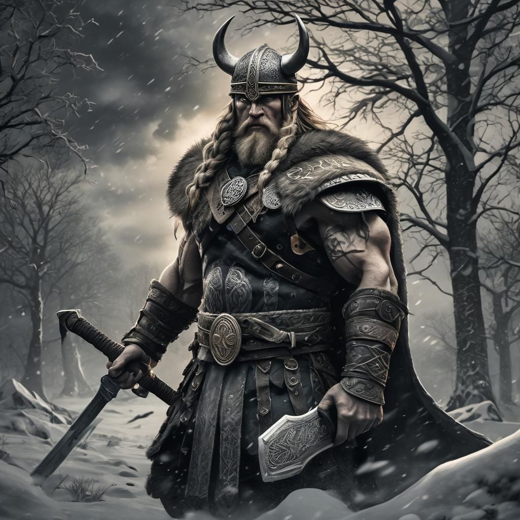 Super gedetaileerde tekening Viking die ten strijde moet zwart wit grijs