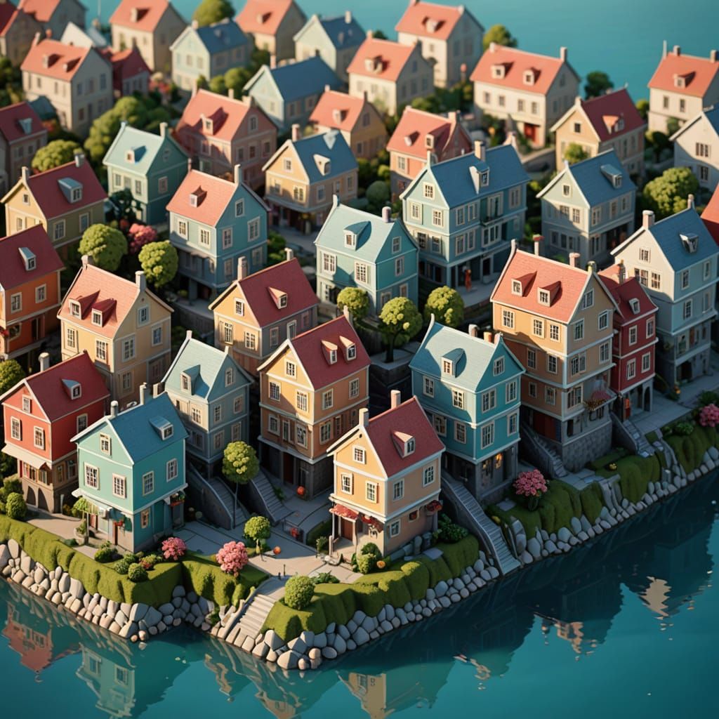 Charming Pastel Cityscape on the Turquoise Ocean