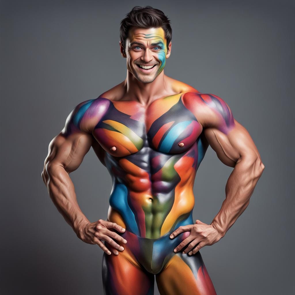 Colorful Body Paint Adorns Handsome Muscled Man