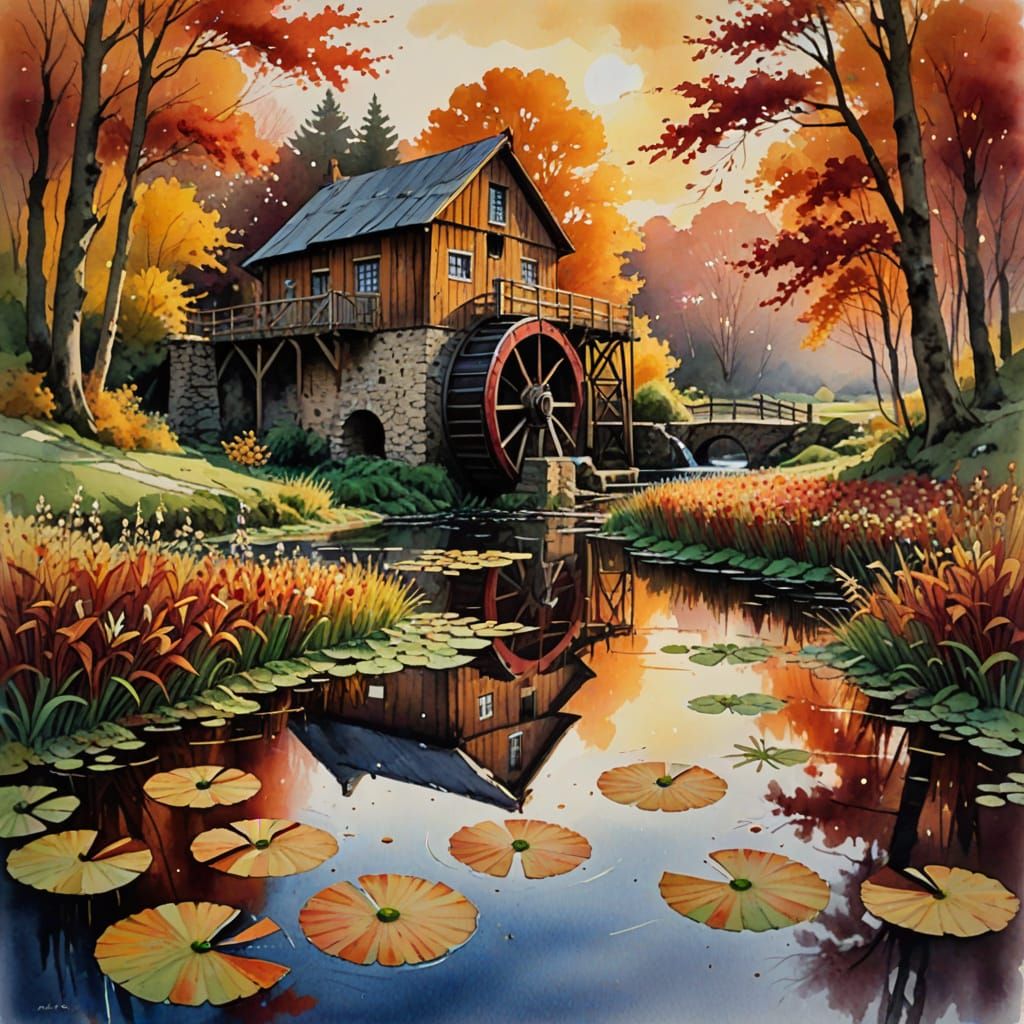 Watercolour Watermill at Autumn Sunset