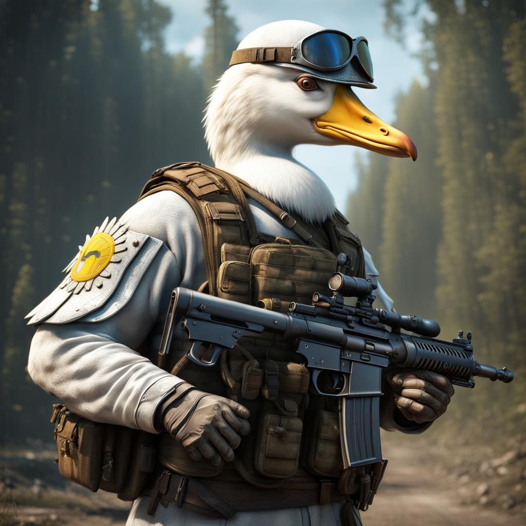 white goose in a helmet with a machine gun on his back behin...
