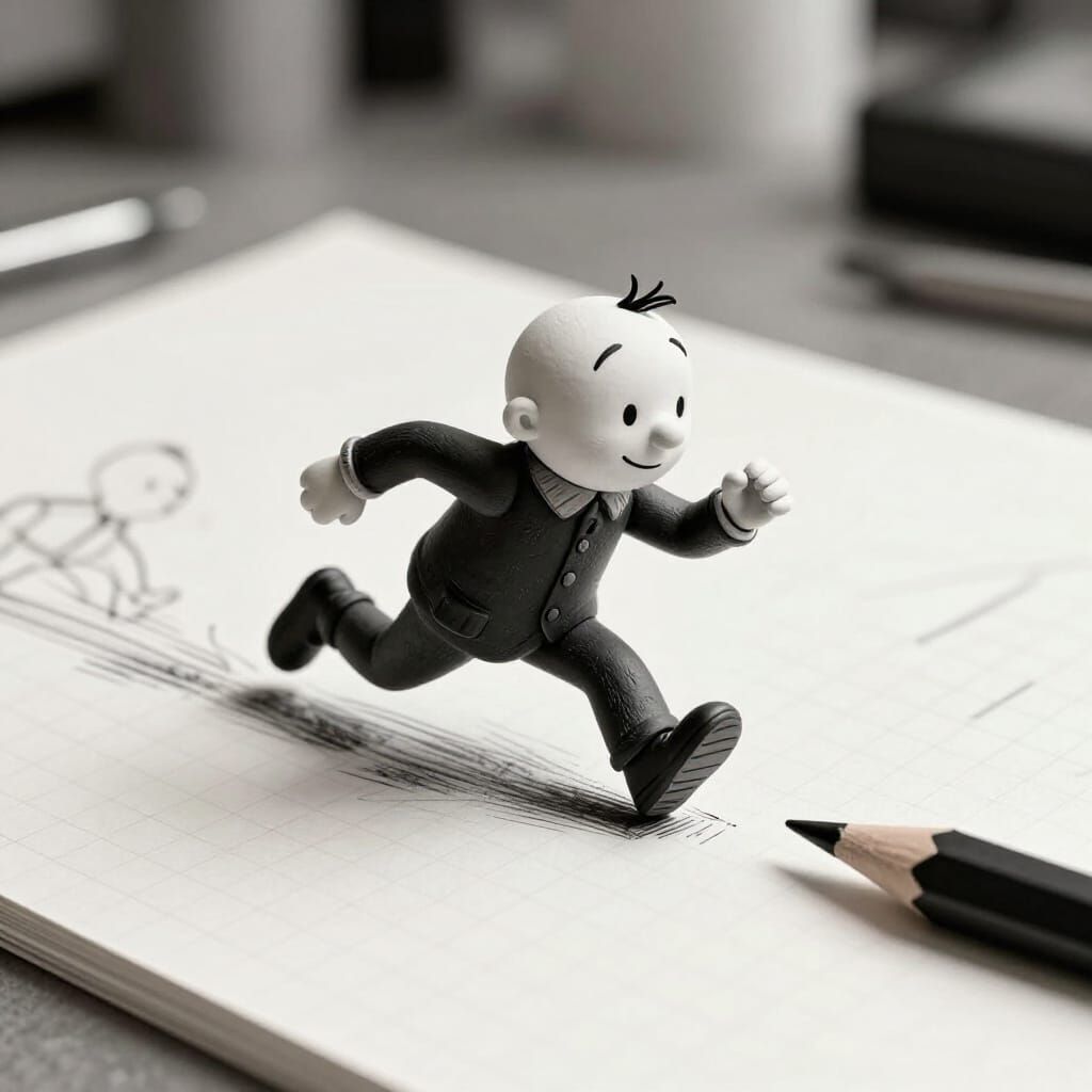 Cute Character Escapes Giant Pencil in 3D Sculpture Style