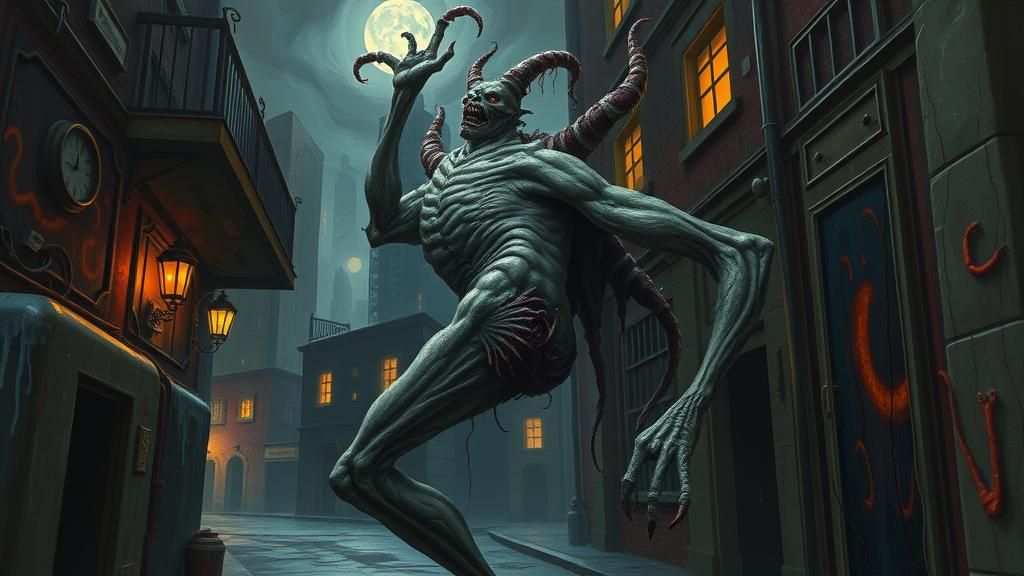 Grotesque Creature Lurking in Dystopian City: Surreal Horror