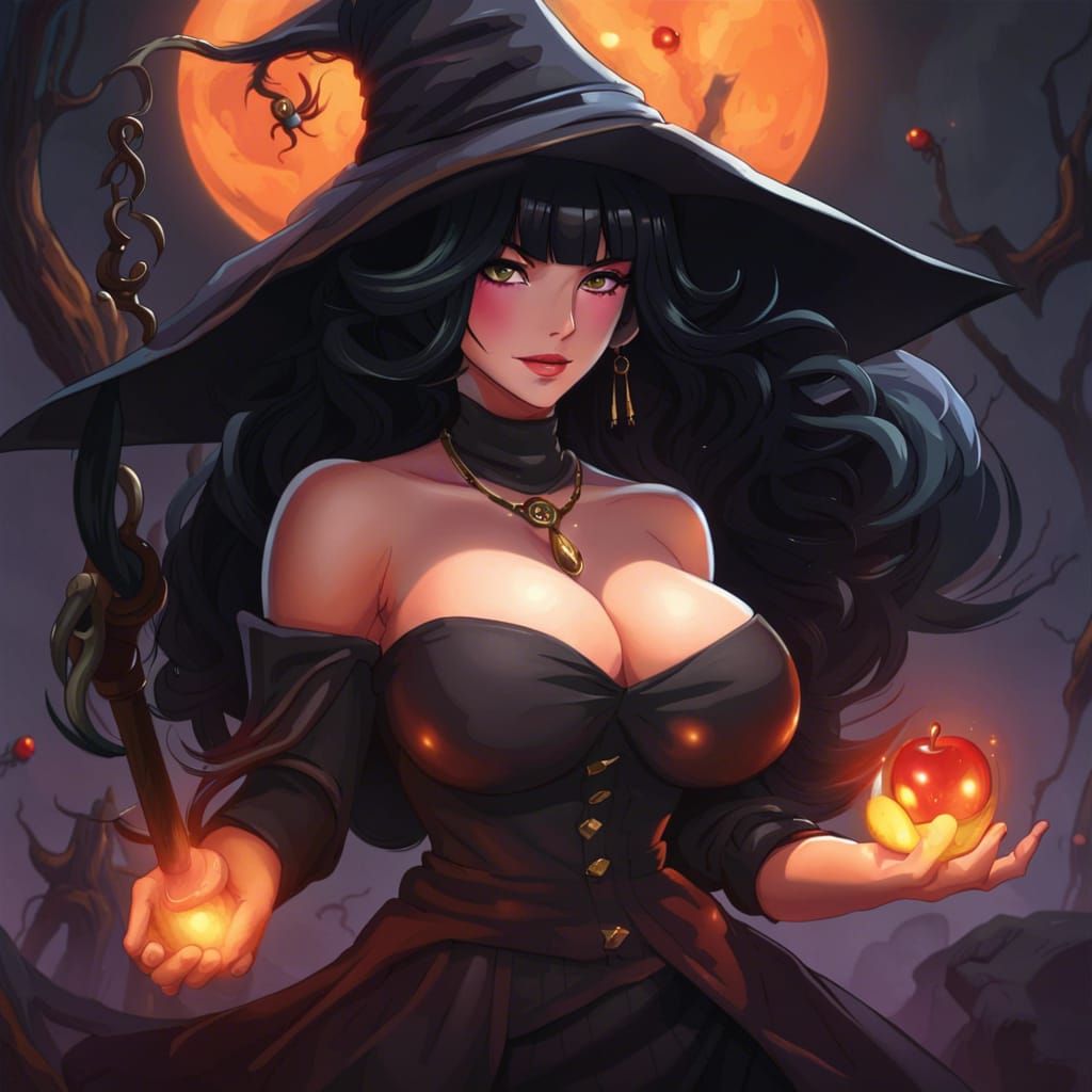 Enchanting Dark-Haired Witch in Digital Art