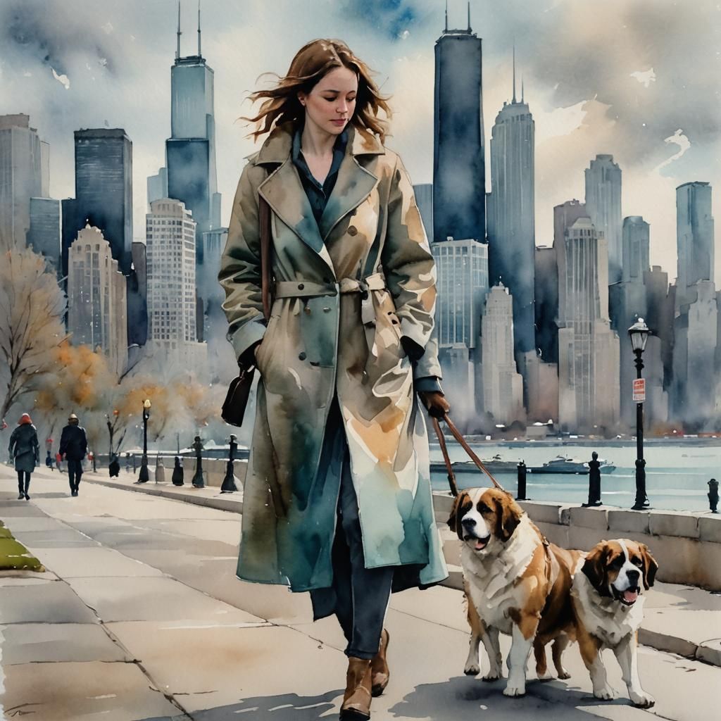 Woman Walking St. Bernard: Watercolor Chicago Skyline