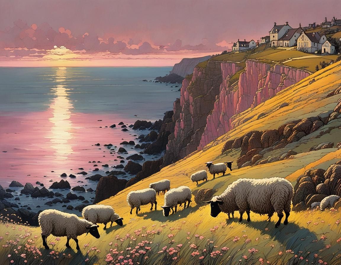Picturesque Shepherd and Sheep at Sunset