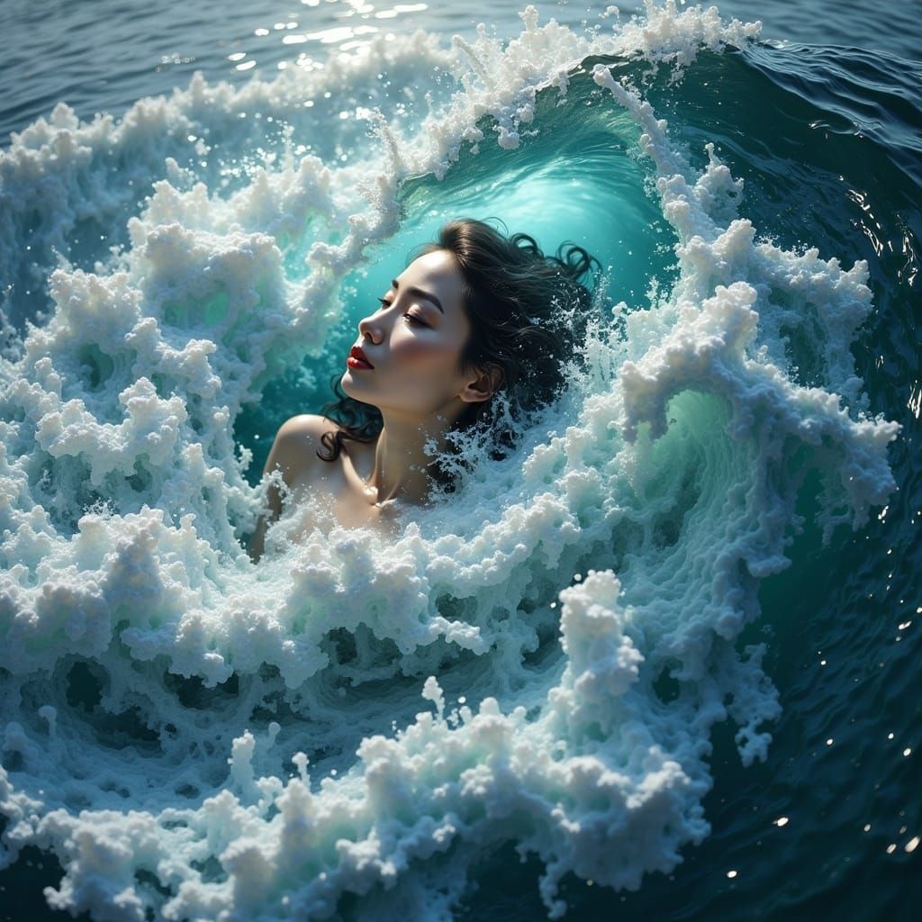 Hyperrealistic Portrait of Woman Merging with Ocean Waves