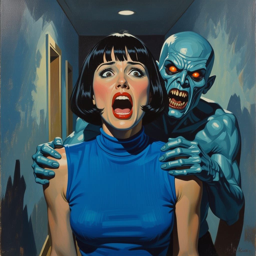 Terrified Woman in Retro Horror Impressionism