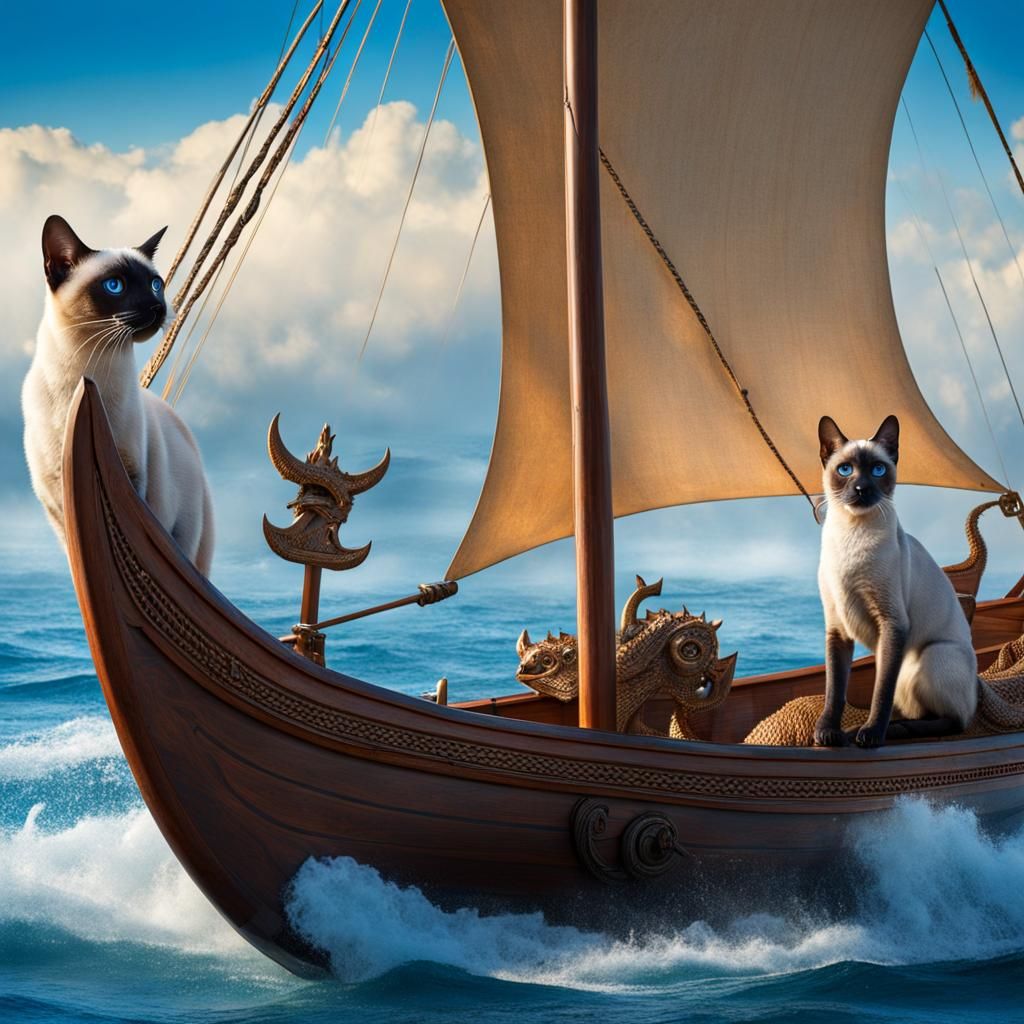 Siamese Cat Sails a Viking Longboat
