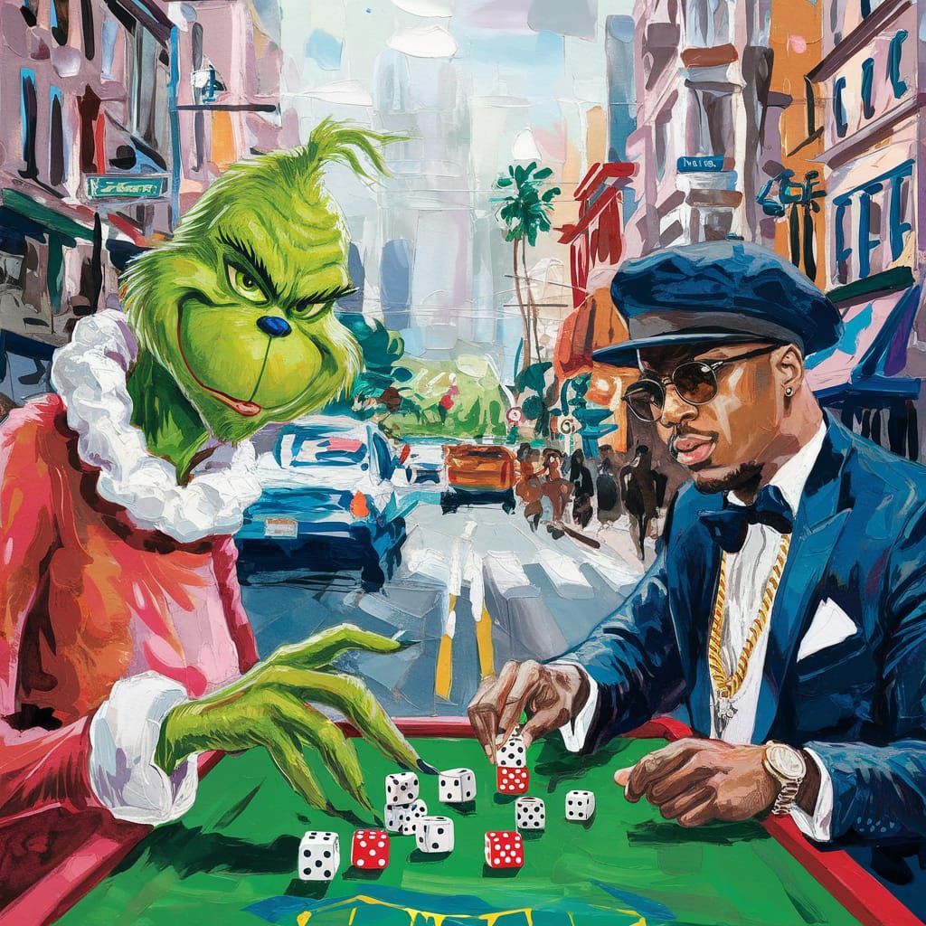 Grinch and P. Diddy Play Dice: Gouache Watercolor Painting
