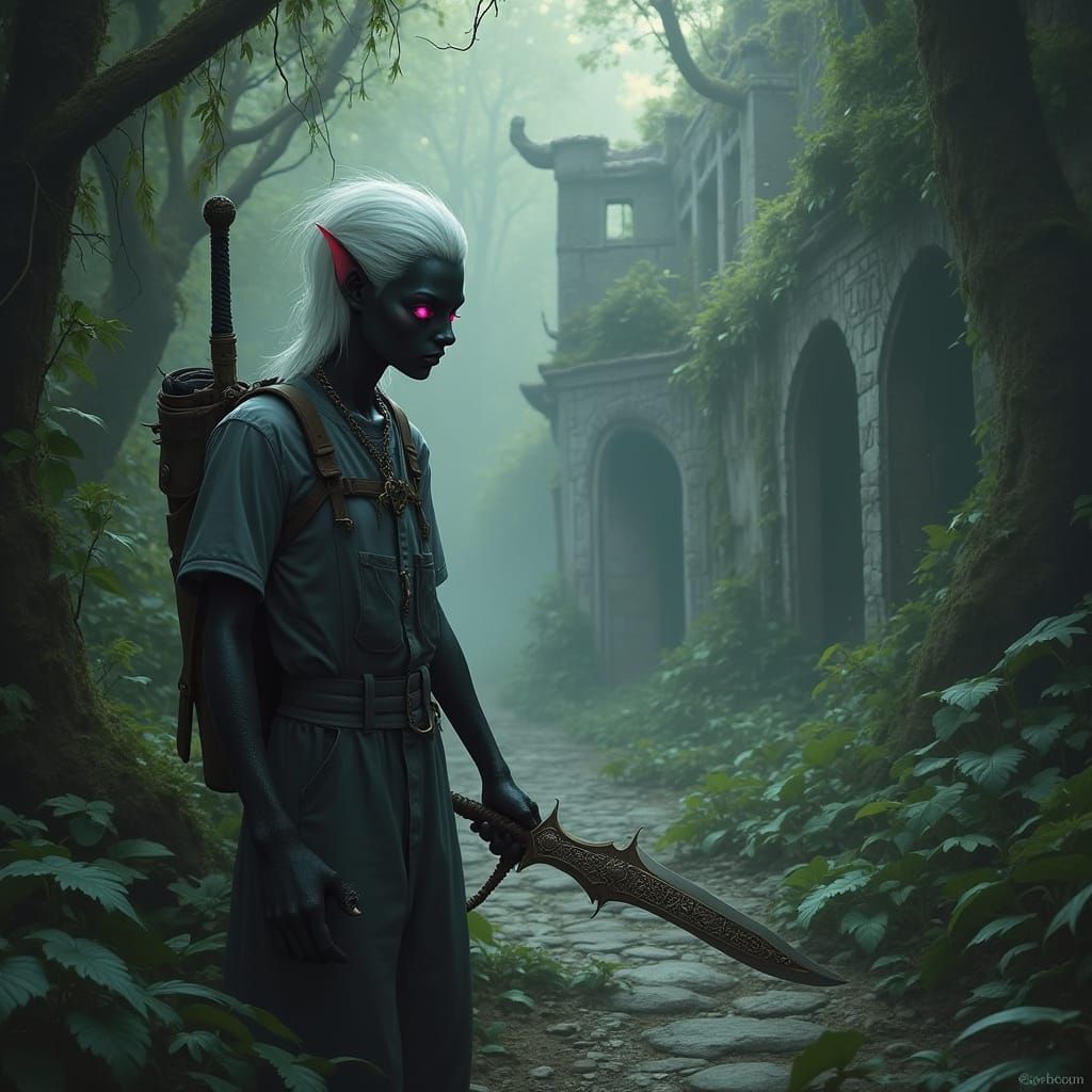 Drow Elf Navigating Forgotten Jungle City