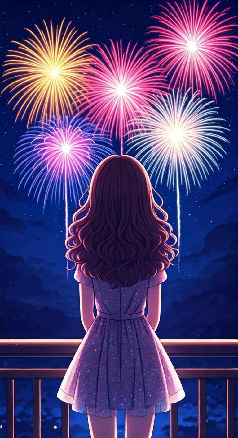 Kawaii Girl Watches Fireworks from Balcony in Sparkling Nigh...