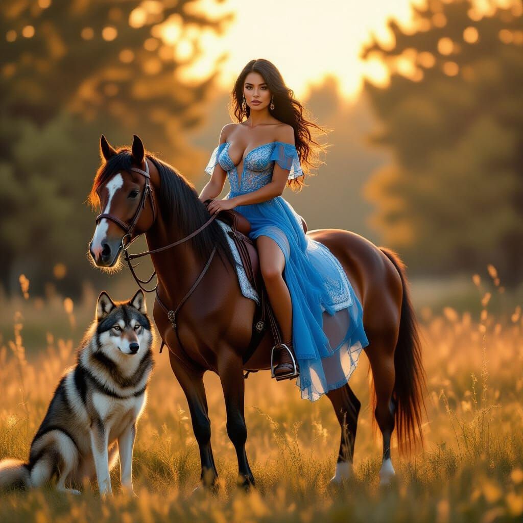 Woman and Wolf in Golden Hour Glow