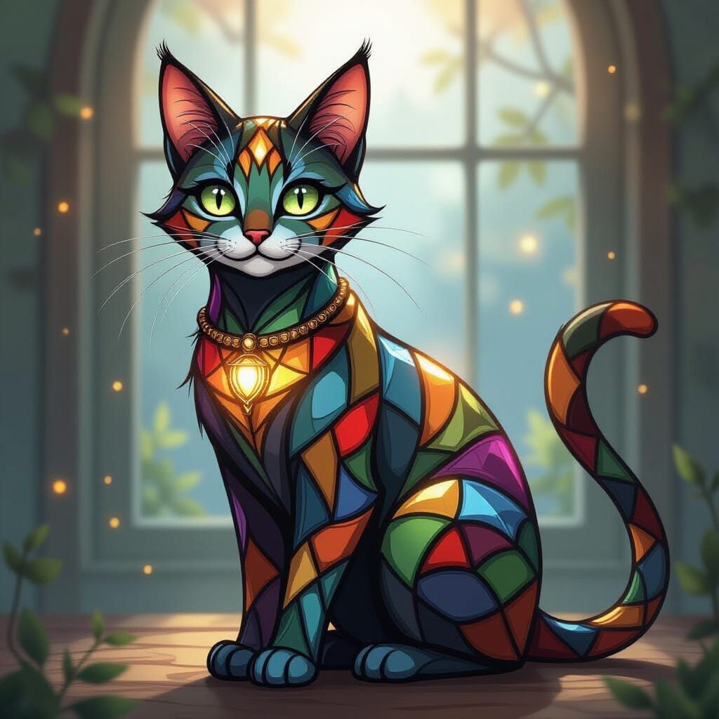 Stained Glass Cat with Visible Inner Mechanisms