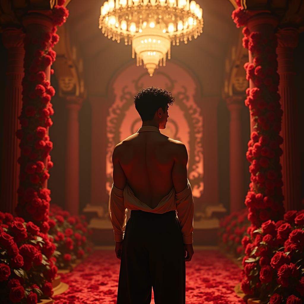 Ethereal Matte Painting: Man in Room with Red Roses