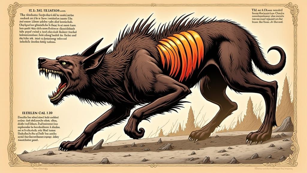 Woodblock Hound of Mythical Fury in Vintage, Hand-Drawn Styl...