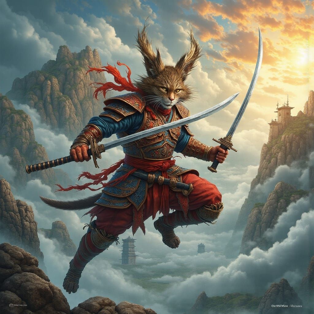 Cyberpunk Samurai Cat in Mid-Air Battle