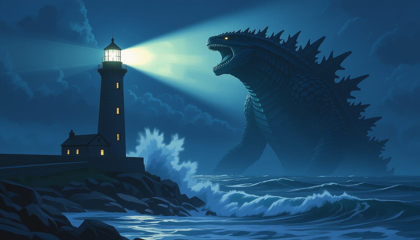 Lighthouse Illuminates Sea Monster in Photorealistic Style