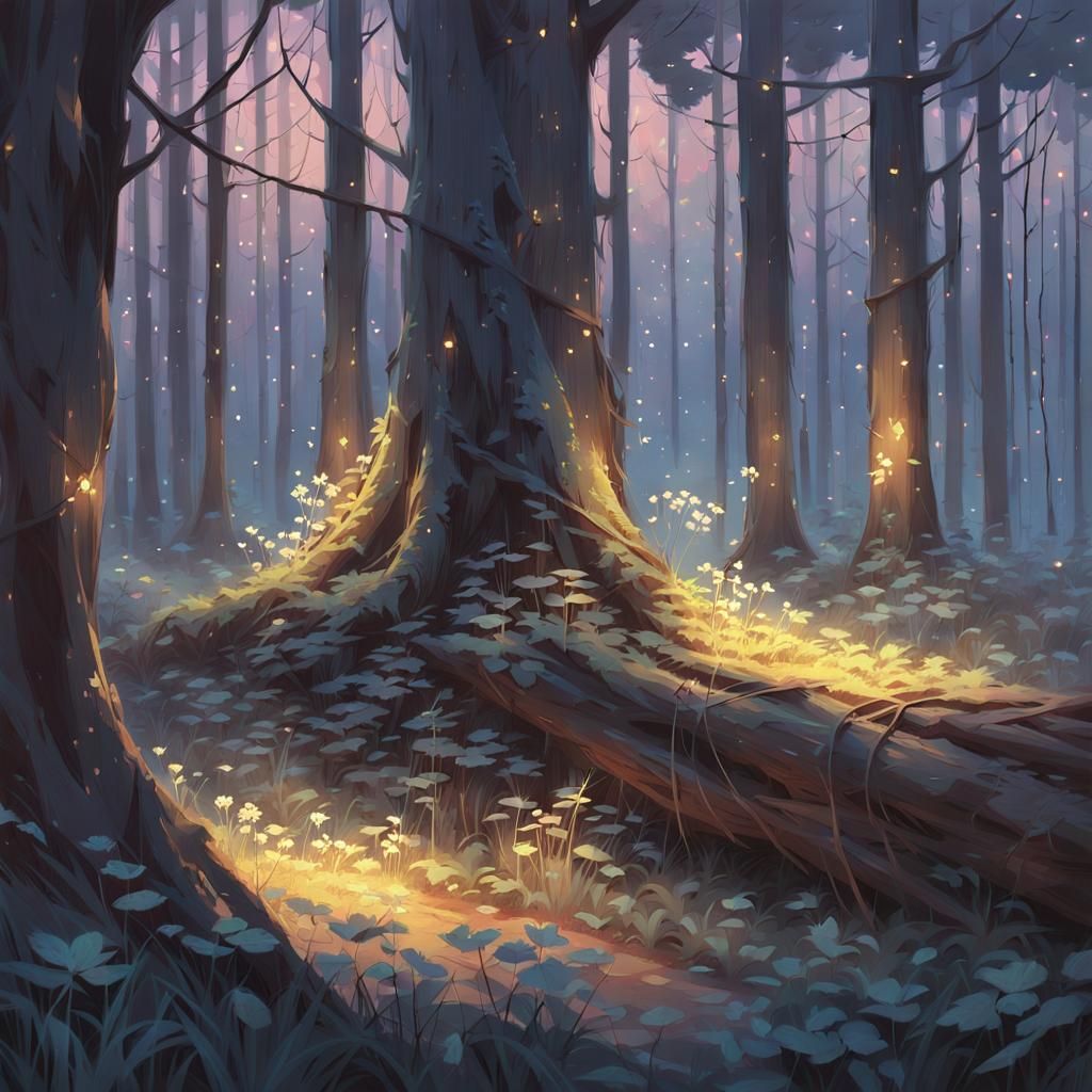 Enchanted Forest Scene at Twilight in Digital Art Style