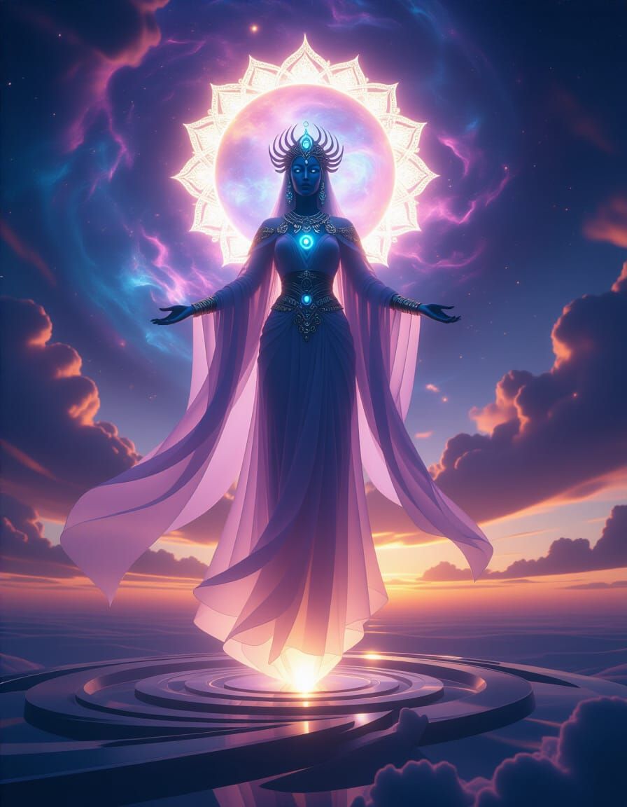 Celestial Goddess on Throne Above Swirling Planetary Horizon