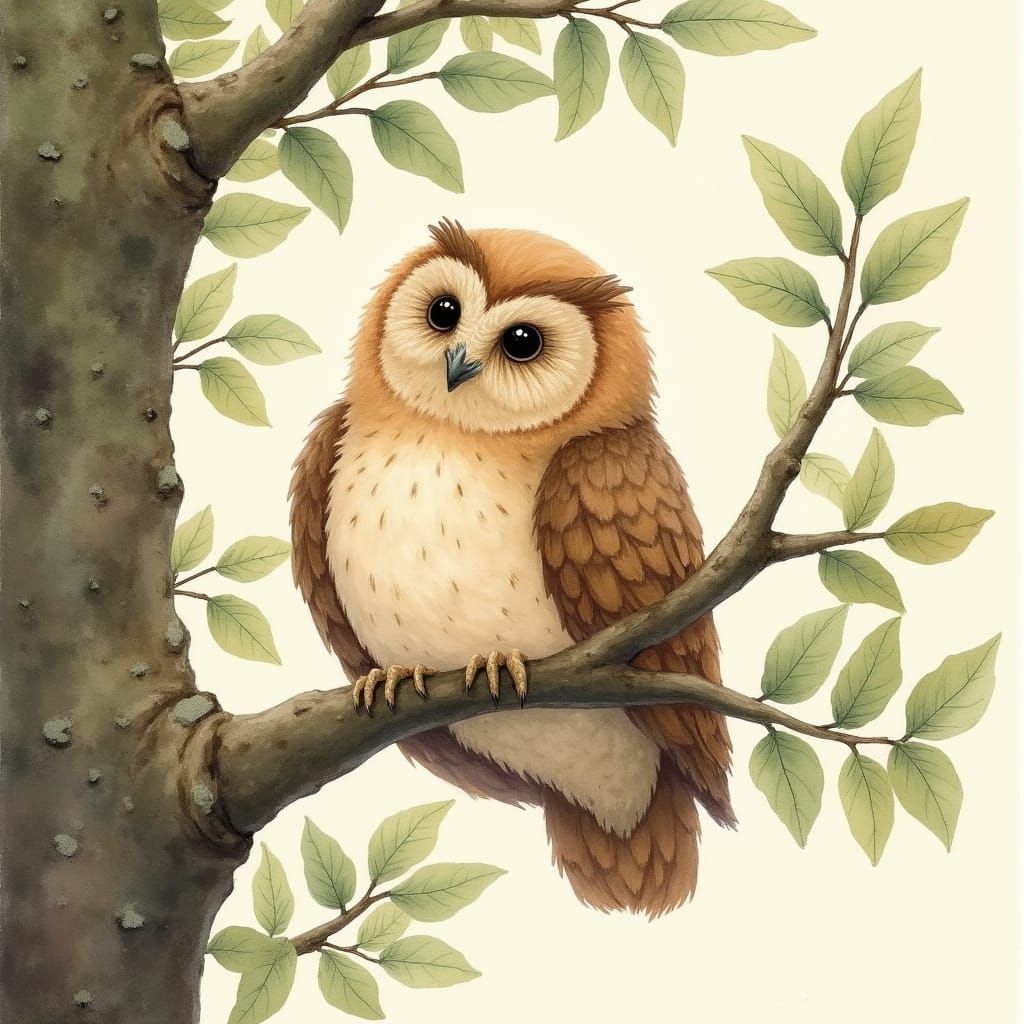 Whimsical Owl on Earthy Tree Branch in Watercolor Style