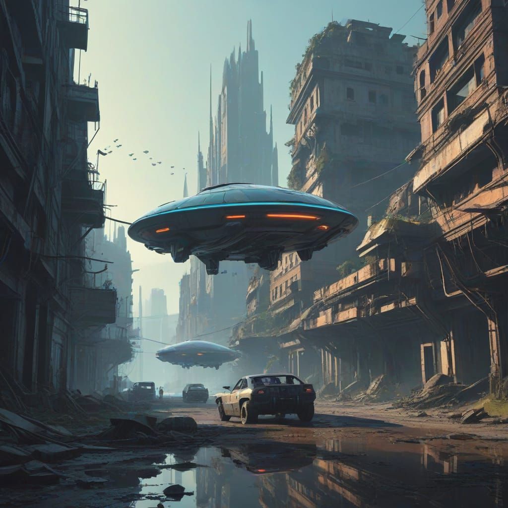 Futuristic Bioluminescent Vehicle in Post-Apocalyptic City