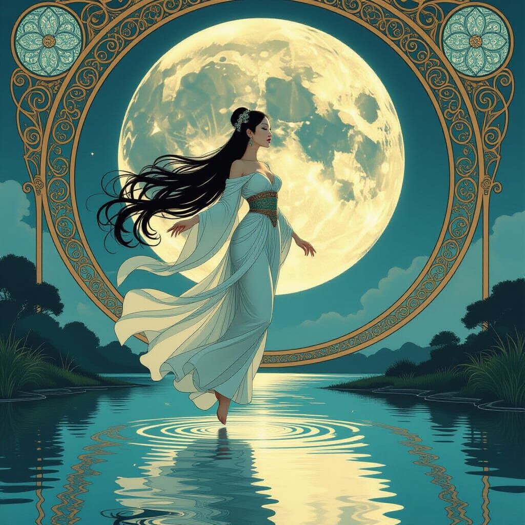 Goddess Above Moonlit River in Art Nouveau Style