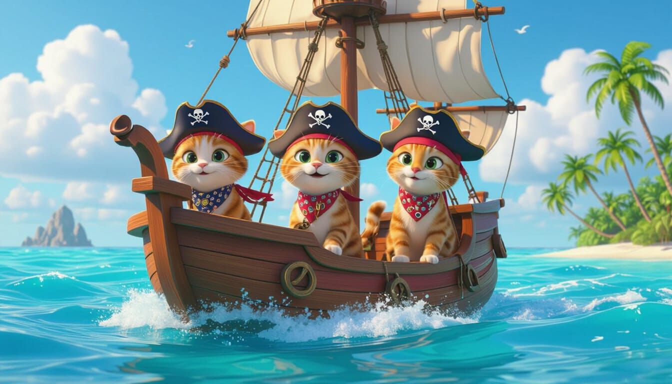 Pirate Tabby Cats Sail Caribbean Sea: Pixar Animation