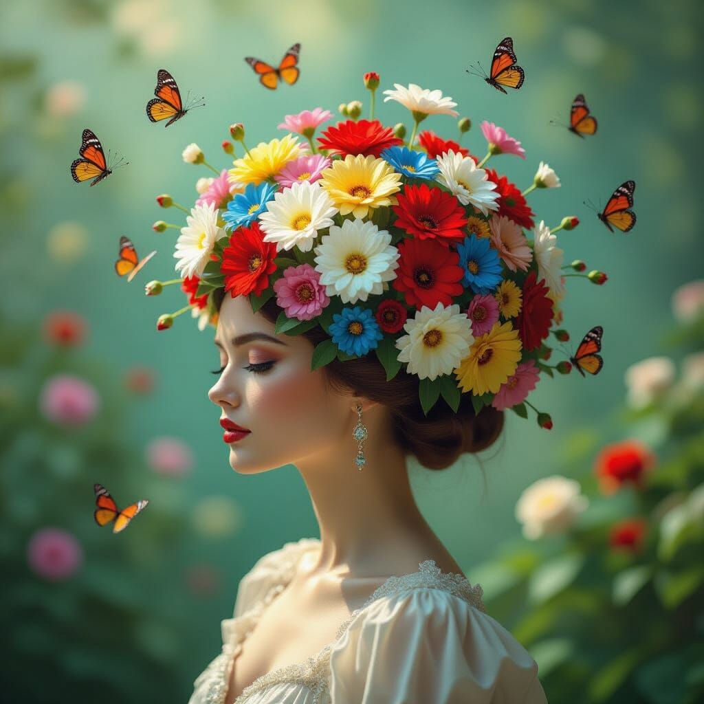 Blooming Garden Erupts From Woman's Head