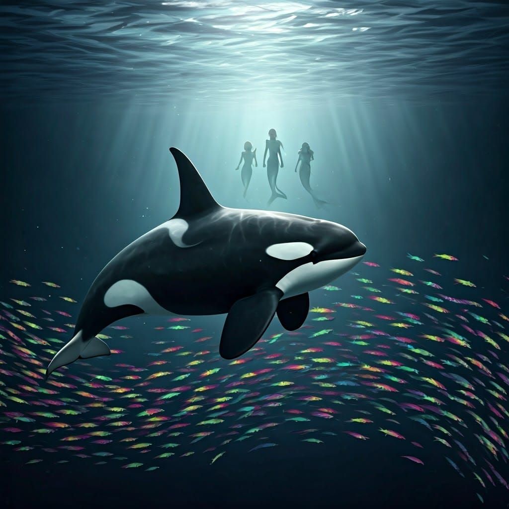 Majestic Orca Dives Through Ocean Depths in Vibrant Scene