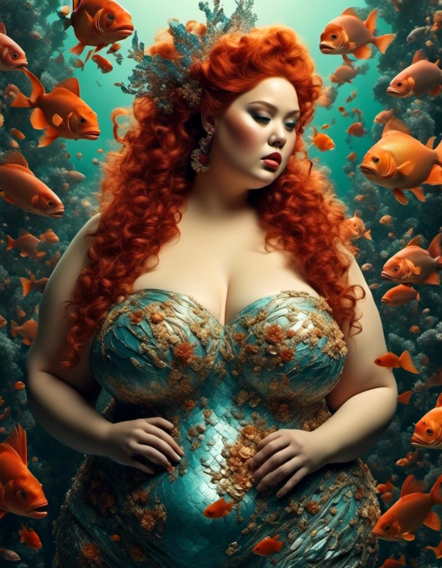 Fat Mermaid Portrait with Colorful Maximalist Background