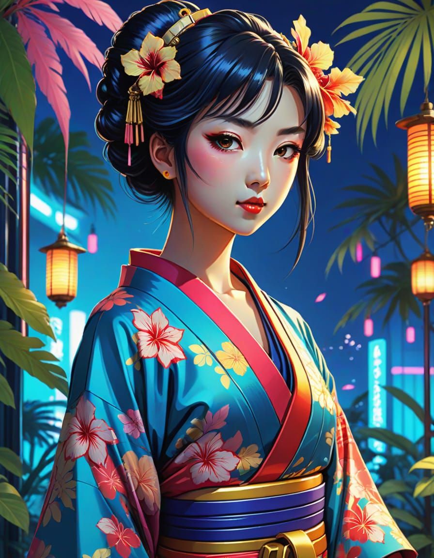 Tropical Geisha with Hibiscus in Anime Style