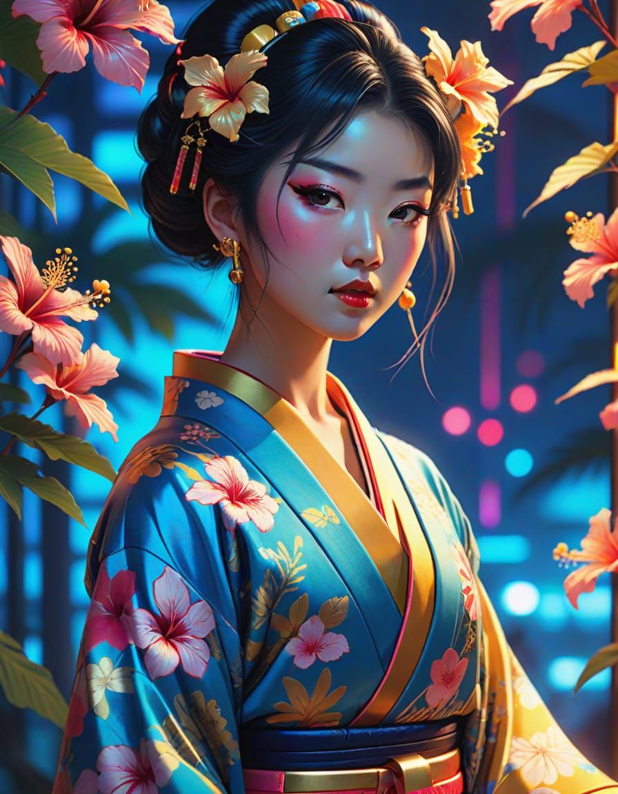Tropical Geisha Portrait in Anime Style