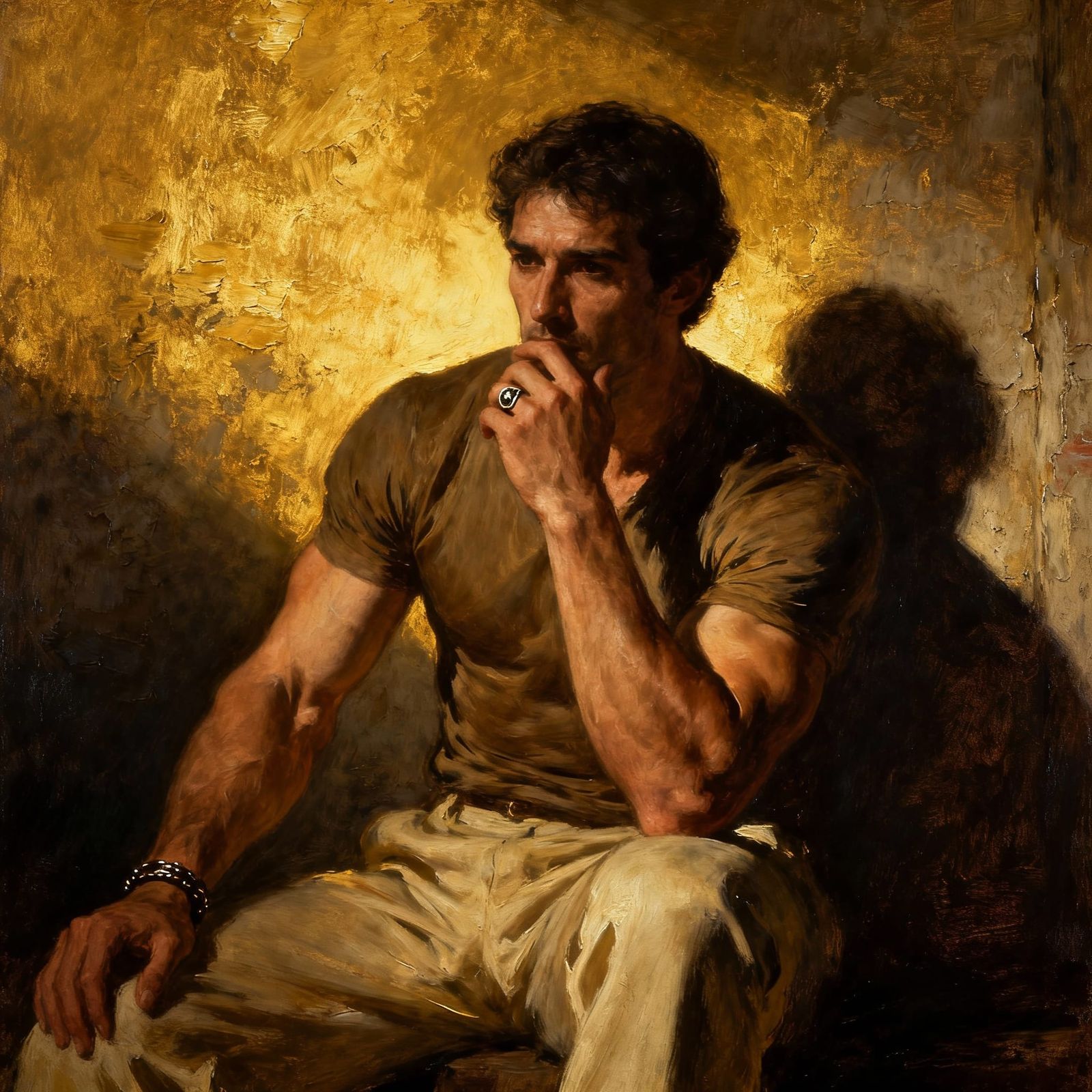 Man in Chiaroscuro Lighting, Textured Impasto Style
