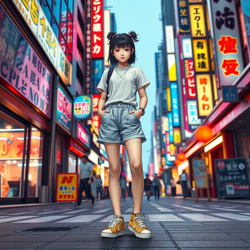 Hyper-Realistic Tokyo Cityscape with Fashionable Young Girl