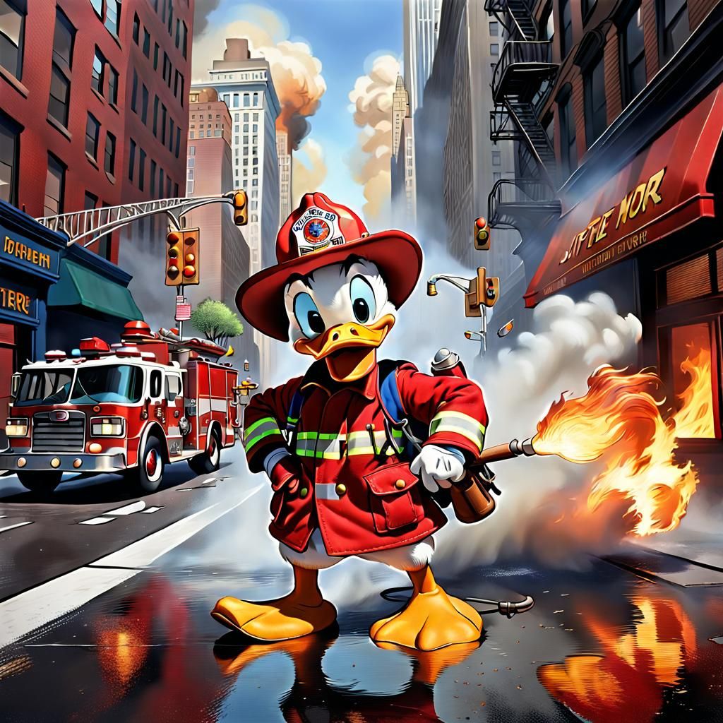 Donald Duck as Firefighter in Hyperrealistic Cartoon