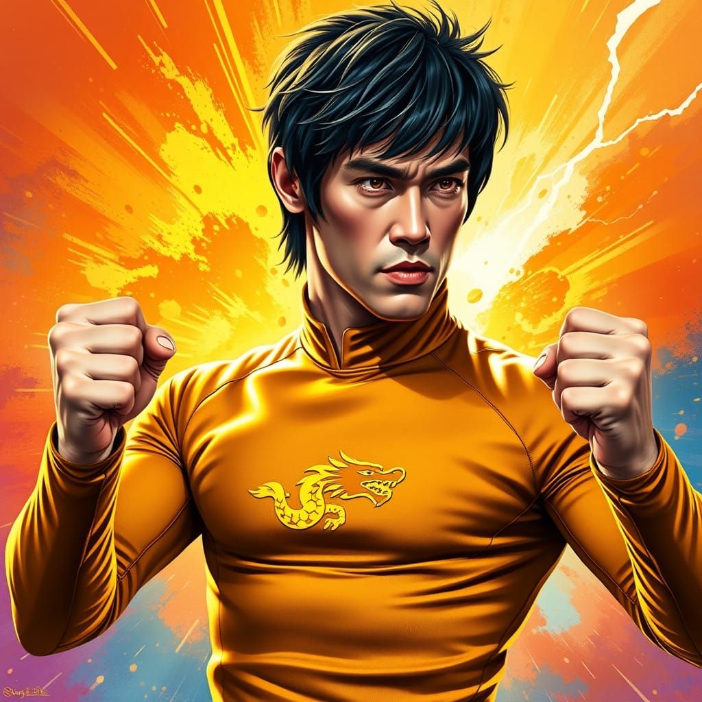 Bruce Lee as a Superhero with Golden Dragon Powers
