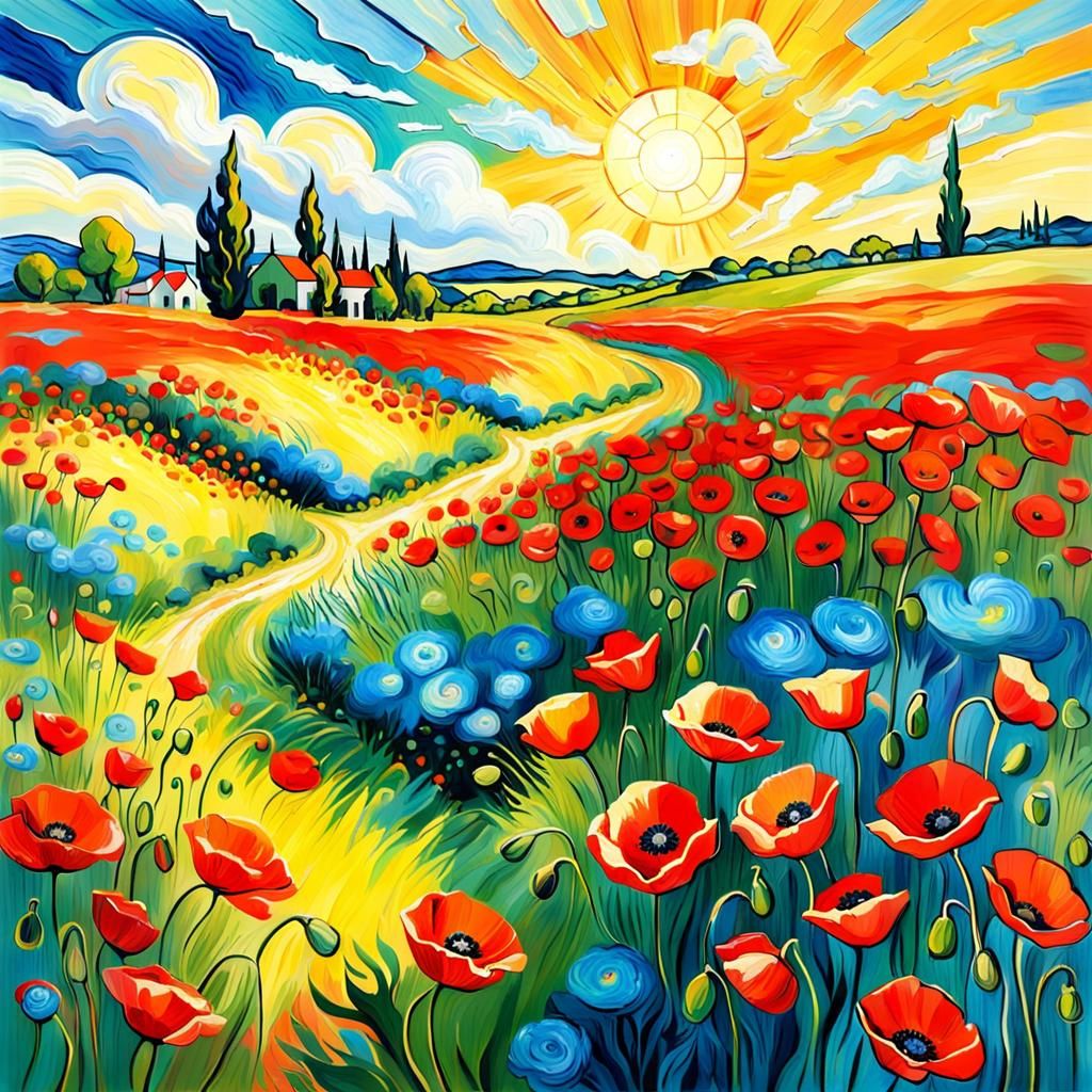 Poppy Field in Van Gogh Style with Sunshine