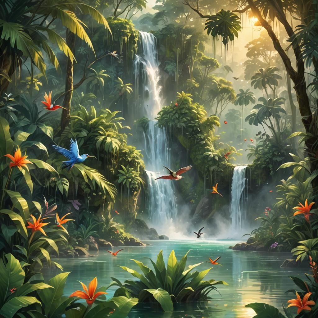 Waterfall in Tropical Lagoon: Romanticism Digital Painting