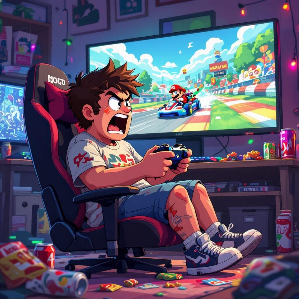 Caseoh Rages at Mario Kart: Cartoon Digital Art
