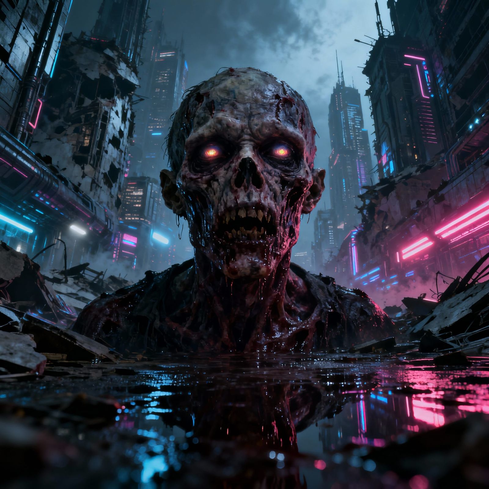 Futuristic City Under Zombie Attack in Cyberpunk Style