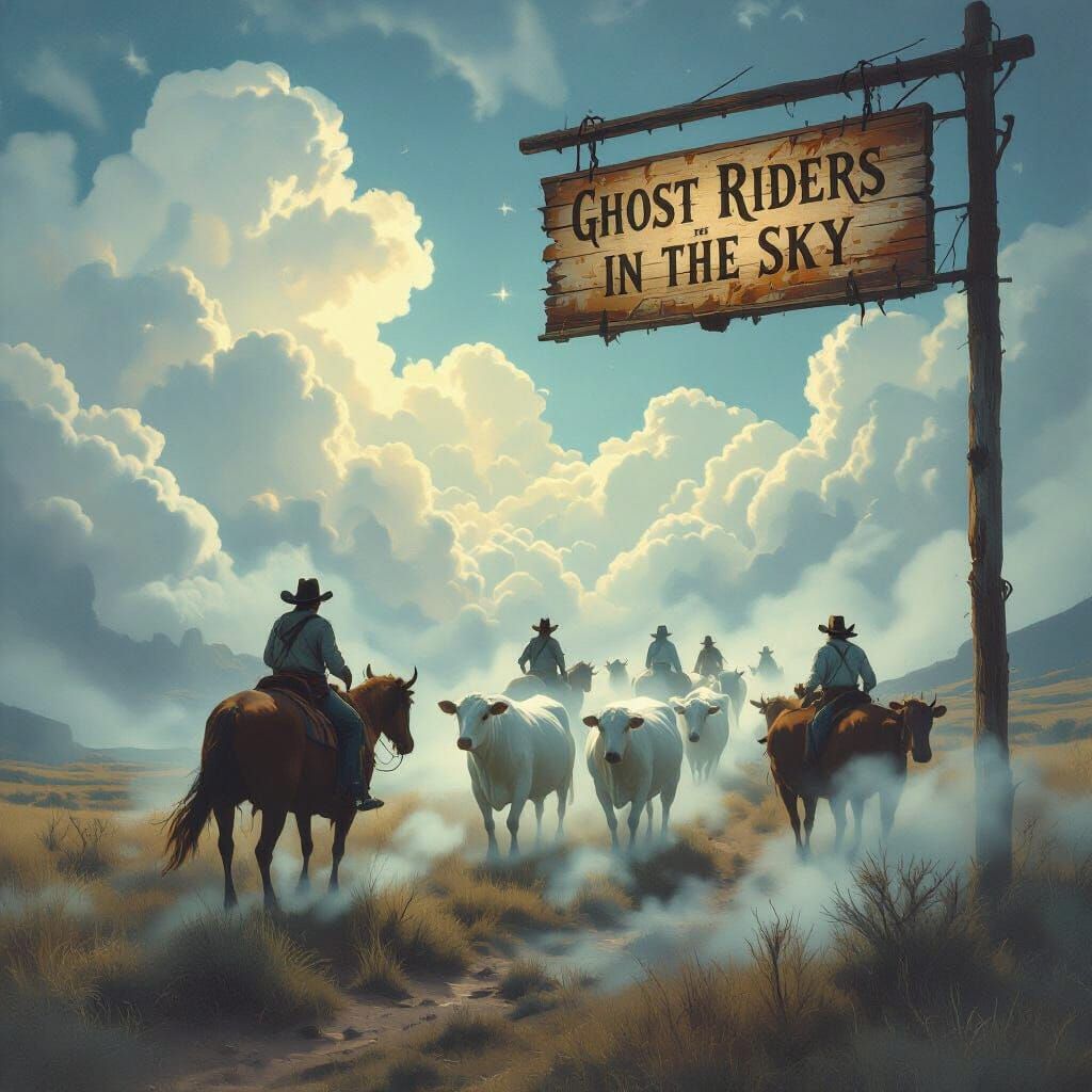 Ghostly Cattle Drive in Ethereal Western Art Style